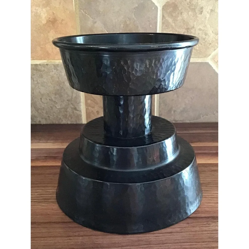 Pottery Barn Pounded Bronze Pillar Candle Holder Hammered Metal Pedestal Black